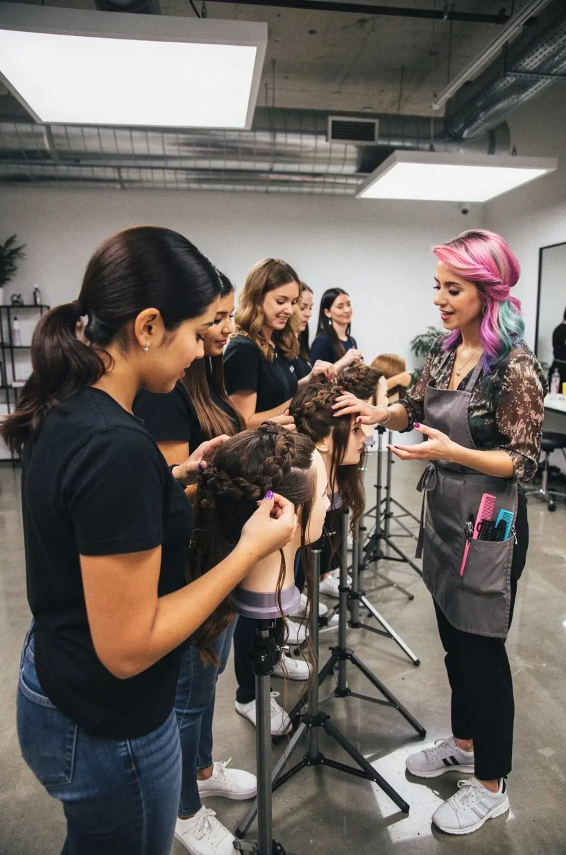 Praktyczne zajęcia z stylizacji paznokci w akademii, gdzie kursantki ćwiczą pod okiem doświadczonego instruktora.
