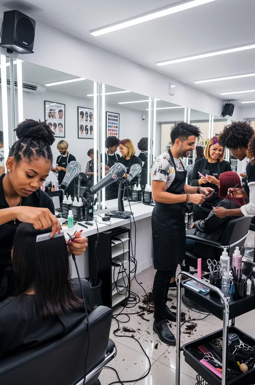 Trener prowadzący praktyczne szkolenie z technik makijażu dla uczestników kursu w akademii urody.