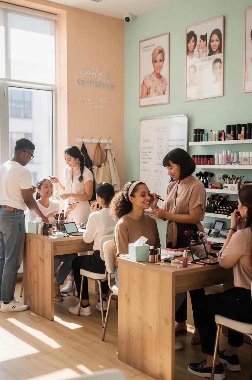 Uczestnicy kursu podczas zajęć offline uczący się profesjonalnych metod pielęgnacji skóry pod okiem eksperta.