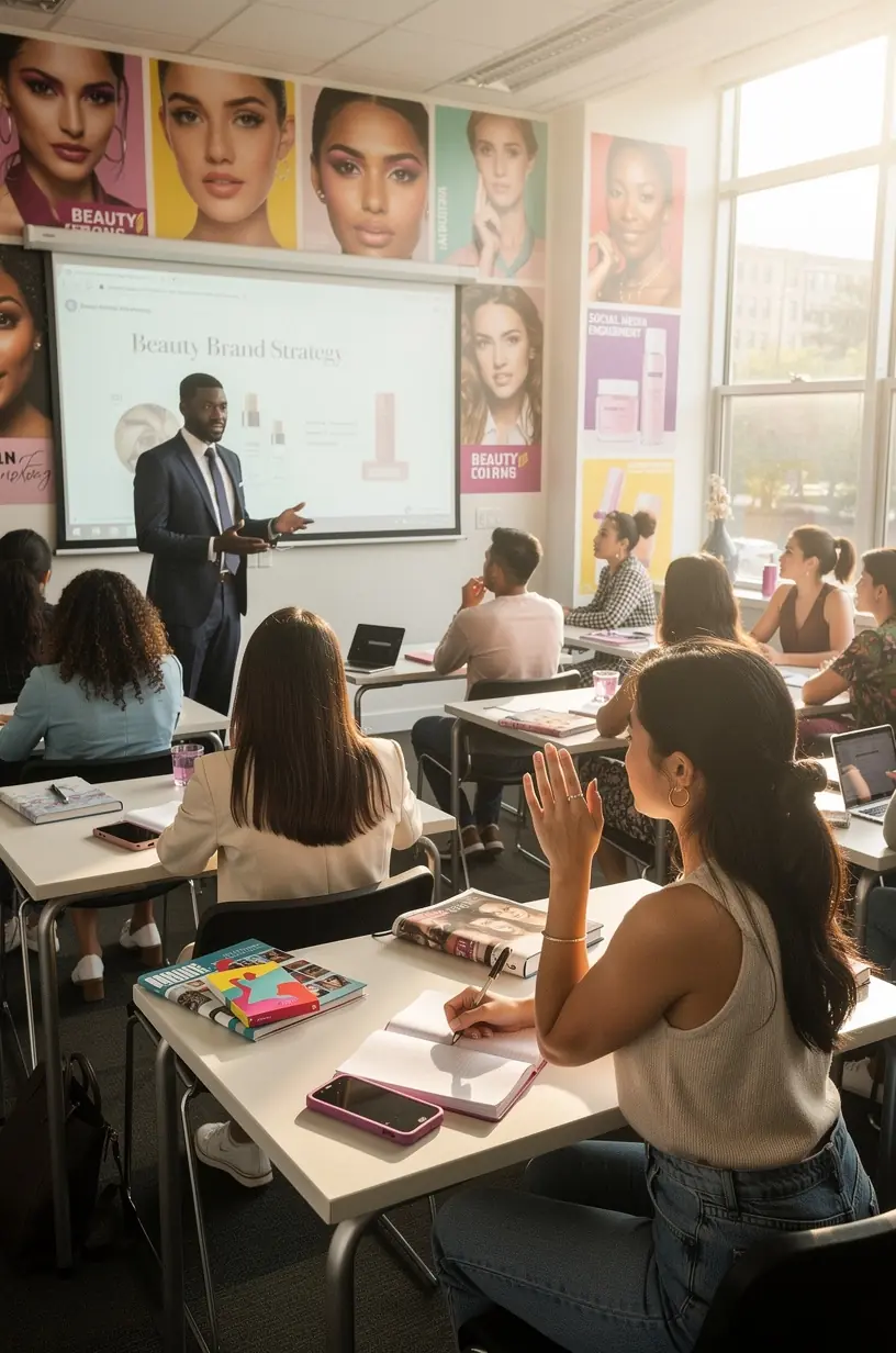 Grupa studentów beauty business aktywnie uczestnicząca w warsztatach dotyczących budowania marki osobistej.